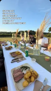 A montage video showcasing a unique outdoor event featuring a sauna, cold plunge, yoga, and a large steak feast in a field setting.
