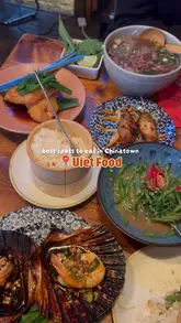 A montage of various Vietnamese dishes served at Viet Food in London's Chinatown, including pho, crispy sea bass, scallops, and morning glory.