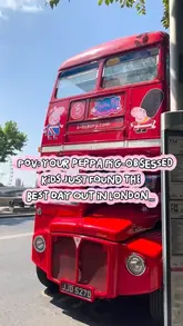 A bright, eye-level shot of the red Peppa Pig Afternoon Tea Bus parked on a London street, serving as a clear visual hook for a family-oriented activity.