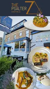 A montage showcasing the interior and various dishes at The Psalter, a fine dining restaurant in Sheffield.