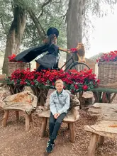 A photo of a young boy sitting on a wooden bench at an outdoor themed event, with a witch on a bicycle and red flowers in the background.