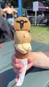 A close-up, shallow depth-of-field shot of a double-scoop ice cream cone held by a person at an outdoor food festival.