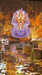 A montage video showcasing the Tutankhamun immersive exhibition at the NEC, featuring 360-degree projections, digital displays, and historical artifacts.