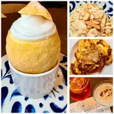 A collage-style image showcasing the 'Summer in Amalfi' menu at a Pasta Evangelists restaurant, featuring a lemon sorbetto dessert, two pasta dishes, and a selection of drinks.