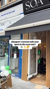 A short promotional video showcasing the opening of a new cafe in Glasgow's West End, featuring the interior, merchandise, coffee menu, and a selection of baked goods.