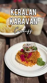 A review-style reel showcasing Keralan Karavan, a street food vendor located at On The River in Cardiff, highlighting their colorful Indian-inspired dishes and the scenic riverside location.