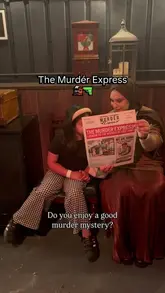 A family visits The Murder Express in London, an immersive murder mystery dining experience. The video showcases the 1930s-themed train carriage, the actors performing, and the three-course meal served during the event.