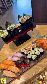 A review of an all-you-can-eat sushi buffet in North Finchley, detailing the pricing, the ordering process via an app, and the variety of food available including sashimi, nigiri, and tempura.