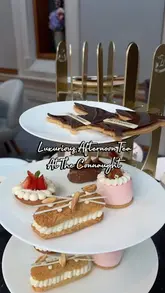 A montage showcasing an afternoon tea service at The Connaught in Mayfair, featuring close-ups of the food, the tea service, and the live harpist in the venue.