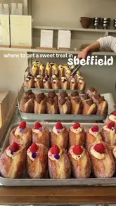 A fast-paced, engaging listicle video featuring three popular sweet treat spots in Sheffield: Lovely Rita's, Eve's Bakery, and Pom Kitchen. The creator guides the viewer through each venue, highlighting specific pastries, doughnuts, and creative iced drinks, emphasizing the quality and aesthetic appeal of the offerings.
