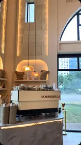A montage showcasing the interior and menu items at Monaco Cafe, featuring coffee, pasta, steak, and dessert dishes.