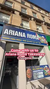 A short montage video showcasing the food preparation process at Ariana Roma, a takeaway in Glasgow. The video features shots of pizza dough being stretched, toppings added, pizzas being baked, and pasta being cooked in pans, followed by a final shot of the prepared meal.