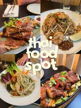 A clean, four-panel collage showcasing a variety of Thai dishes including honey pork spare ribs, pad thai, som tum, and crispy duck, presented as a positive review of a local restaurant.