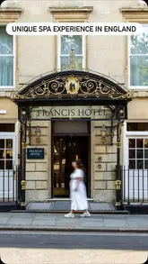 A high-quality, professional exterior shot of the Francis Hotel in Bath, used as an establishing shot for a travel reel showcasing a unique spa experience.