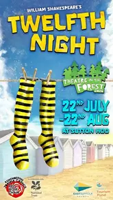 A promotional poster for the 'Theatre in the Forest' production of Shakespeare's Twelfth Night at Sutton Hoo, featuring a playful illustration of yellow-striped stockings.