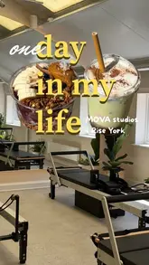 A day in the life style reel showcasing a morning routine in York, featuring a reformer Pilates class at Mova Studios followed by a visit to Rise Brunch for a matcha and acai bowl, and a walk by the river.