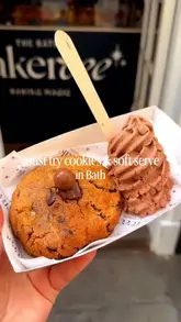 A short, visually-focused reel showcasing a variety of cookies and soft-serve ice cream at a bakery in Bath. The video features close-up shots of different cookie flavors and the ice cream machine, highlighting the product's texture and appeal.