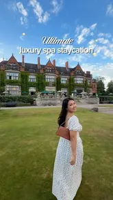 A travel reel showcasing a luxury spa staycation at Hoar Cross Hall, featuring the hotel grounds, the Royal Suite, extensive spa facilities, and a dinner service.