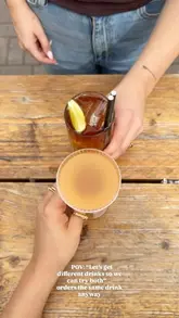A short, fast-paced reel featuring a series of clips of two people toasting with various cocktails in different settings, accompanied by a relatable text overlay about ordering the same drink.