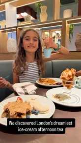 A family-friendly review of an ice-cream themed afternoon tea at the DoubleTree by Hilton London - Victoria, showcasing the interactive 'build-your-own' sandcastle dessert for children and the traditional afternoon tea for adults.