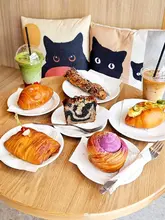 A high-angle, flat-lay photograph of a cafe table featuring an assortment of pastries, a matcha latte, and an iced coffee, set against a backdrop of cat-themed cushions.
