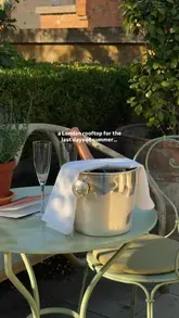 A short, aesthetic montage showcasing the rooftop terrace of the Ham Yard Hotel in London, highlighting the skyline views, floral decor, and drinks service.