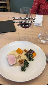 A montage of a tasting menu experience at Fallachan Kitchen in Glasgow, showcasing various courses, non-alcoholic drink pairings, and the restaurant's intimate interior.