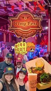 A high-energy montage capturing the atmosphere of Wing Fest in Sheffield, featuring various wing vendors, beer, and festival activities like games and live music.