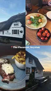 A montage showcasing a Thursday steak night at The Pheasant, featuring the pub's exterior, interior, menu, and various dishes including chorizo, cod croquettes, and steak with sides.