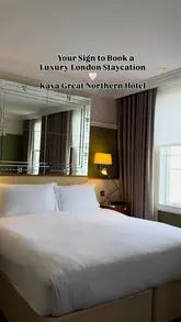 A montage showcasing a stay at the Kaya Great Northern Hotel in London, featuring the hotel room, the GNH Bar & Terrace, and dinner and breakfast at RAILS Restaurant.