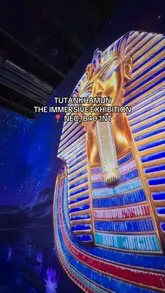 A montage video showcasing the Tutankhamun immersive exhibition at the NEC, featuring various projections, historical exhibits, and interactive elements like VR headsets.