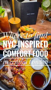 A montage-style video showcasing the interior atmosphere and various dishes at Dirty Bones in Soho, including cocktails, corn ribs, cheeseburger gyozas, and chicken dishes.