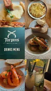 A collage of food and drink photography from Turpins Bar & Grill, featuring dishes like king prawns, pizza, and a roast-style meal, alongside a drinks menu graphic.