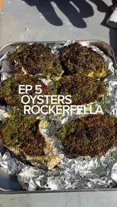 A step-by-step recipe tutorial demonstrating how to prepare Oysters Rockefeller, featuring a chef preparing the dish in an outdoor setting.