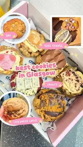 A listicle-style video showcasing four different cookie shops in Glasgow, featuring close-ups of various stuffed and classic cookies.