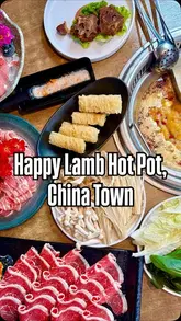 A montage showcasing the interior and food offerings at Happy Lamb hot pot restaurant, highlighting the buffet station, broth options, and variety of raw ingredients.
