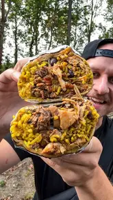 A fast-paced review of 'The Little Sombrero', a Mexican food truck in Kent. The video features the creator trying various dishes including a chicken and beef birria burrito, beef birria tacos, and a chicken quesadilla, while highlighting the authentic preparation and friendly service.