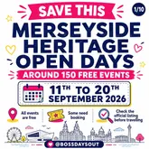 A clean, well-designed promotional graphic for the Merseyside Heritage Open Days, clearly communicating the event dates, the nature of the offer (150 free events), and providing necessary instructions for attendees.