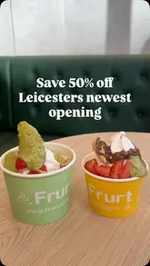 A promotional reel for the opening of a new frozen yogurt shop called Frurt in Leicester, highlighting the customizable toppings and dietary options.