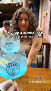 A listicle-style video recommending two Belfast venues, Whites and Margot, for food and Malfy Gin cocktails, aiming to provide an Amalfi Coast experience.