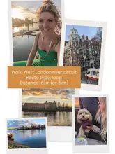 A photo collage documenting a scenic 6km river walk in West London, featuring the creator, river views, and a dog, with text overlay providing route details.