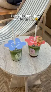 A short, aesthetic video showcasing the Matchali matcha pop-up stall located outside the Chancery Rosewood Hotel in London. The video highlights the menu, the outdoor seating area, and the specialty matcha lattes, specifically the banana bread matcha latte.