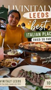 A montage video showcasing a visit to an Italian restaurant, featuring shots of the interior, cocktails, pizza, steak, and a live truffle pasta preparation in a cheese wheel, along with a pizza-making experience.