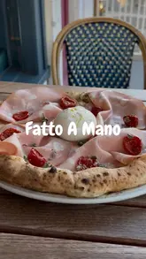 A creator visits Fatto A Mano in Brighton to review their limited-time 'Emilia meets Puglia' pizza special. The video features a tour of the venue, a look at the menu, and close-ups of various dishes including gnocchi, arancini, spritz cocktails, and the featured pizza, ending with an affogato.