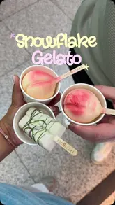 A short, punchy reel featuring a visit to Snowflake Gelato in Manchester Arndale, highlighting their visually striking 'Snow Peach' and 'Ube & Matcha' gelato sticks. The video uses quick cuts and close-ups to showcase the products, with the creator trying the items and sharing their thoughts via text overlays.