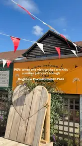 A montage video showcasing a family day out at Hogshaw Farm, highlighting various activities including animal encounters, soft play, outdoor playgrounds, and a splash pool.