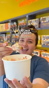 A creator visits Flapjackery to review their new flapjack ice cream range, showcasing the preparation process, the menu options, and the shop interior.