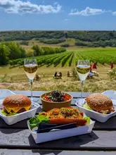 A high-quality, bright, and inviting shot capturing a pop-up dining experience at a vineyard. The composition effectively balances the food in the foreground with the scenic landscape in the background, creating a strong sense of place and occasion.