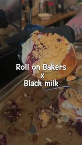 A short promotional video showcasing a one-day collaboration between Roll on Bakers and Black Milk, featuring three flavors of cinnamon buns: Jammie Dodger, Hazelnut Dark Chocolate, and Pistachio Kunafa.