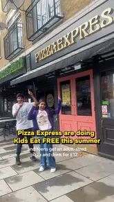 A family visits a newly opened Pizza Express branch in Uxbridge to promote a summer offer where kids eat free and teens can get a pizza and drink for £12. The video features the family enjoying their meal, showcasing the restaurant's interior and the food served.